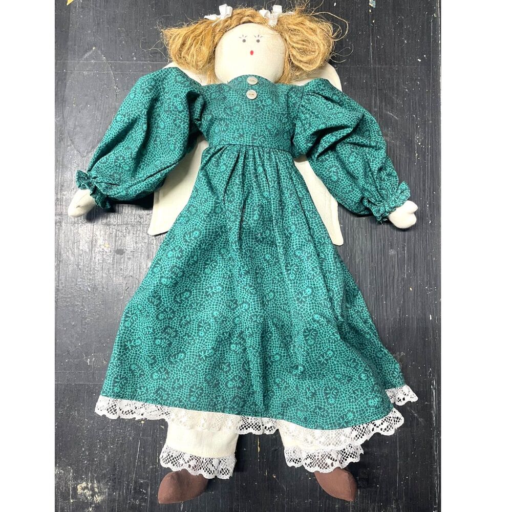 Vintage Folk Art Cloth Angel Doll Green Floral Dress Primitive Country Decor